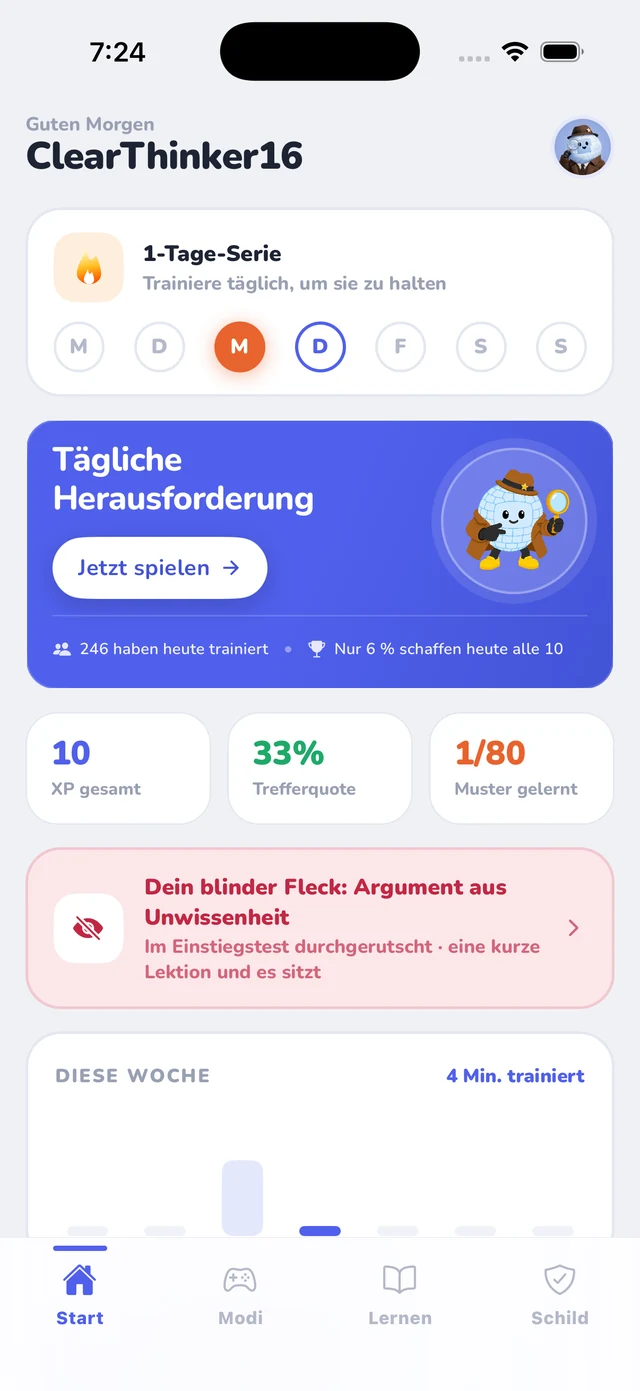 Der Startbildschirm der Spot-the-Fallacy-App