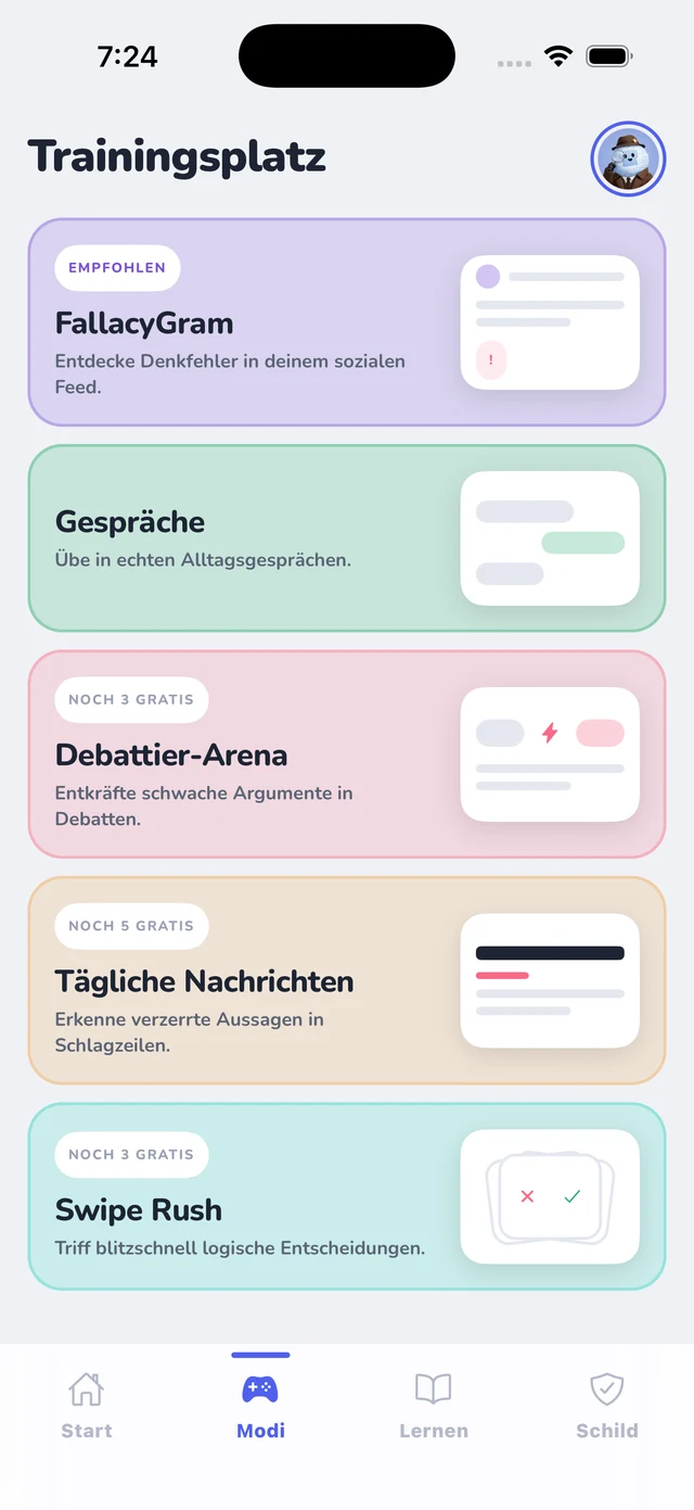 Der Trainingsplatz: FallacyGram, Konversationen, Debattenarena, Daily News und Swipe Rush