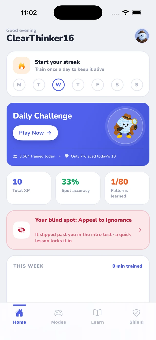 The Spot the Fallacy app home screen