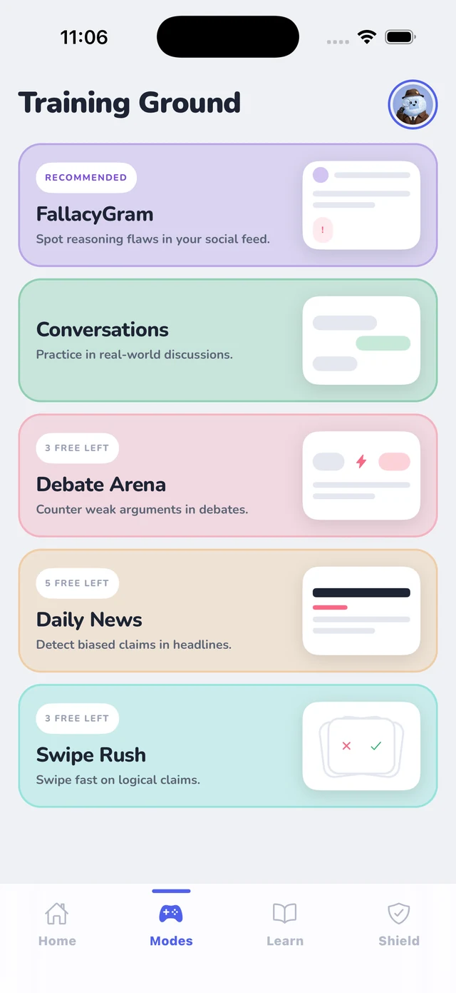 The Training Ground: FallacyGram, Conversations, Debate Arena, Daily News and Swipe Rush