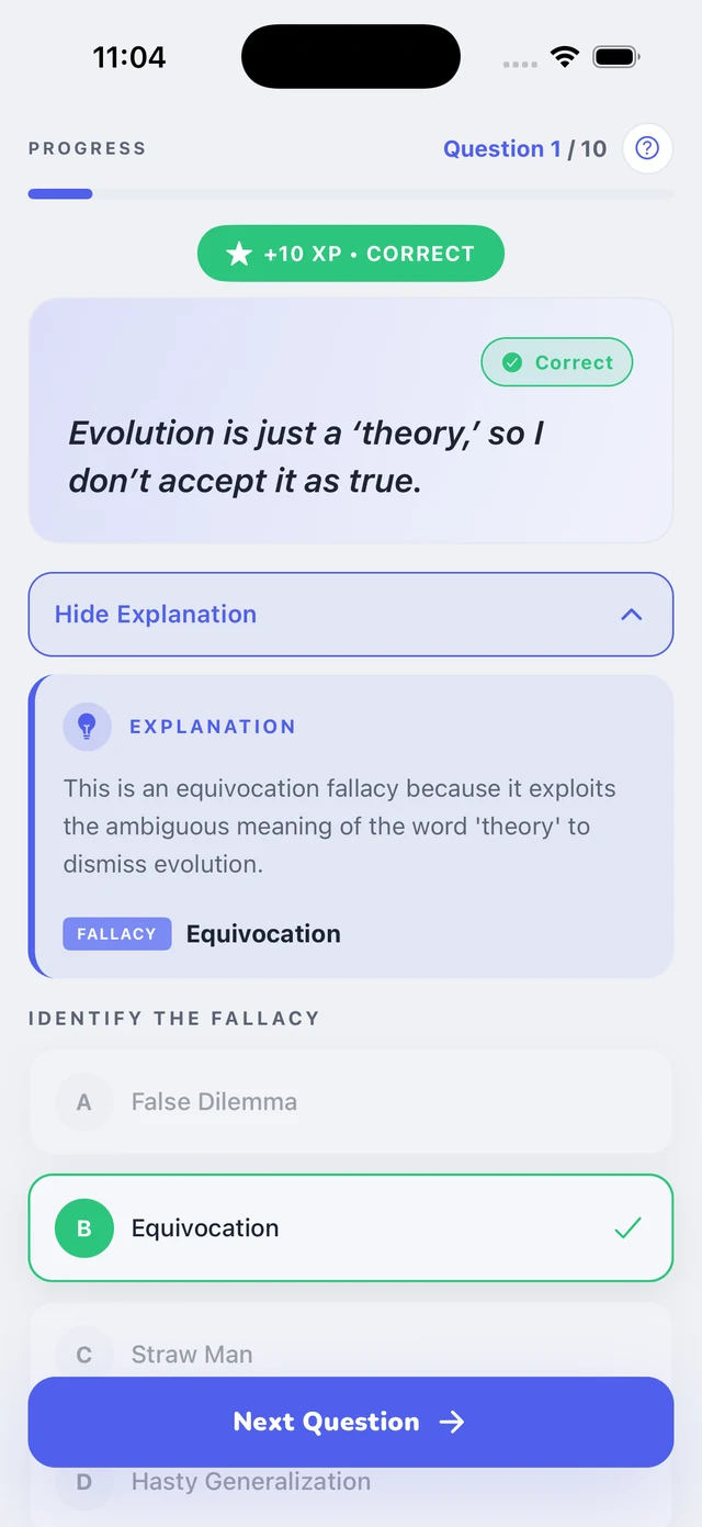 An answered question with the explanation expanded and the fallacy named