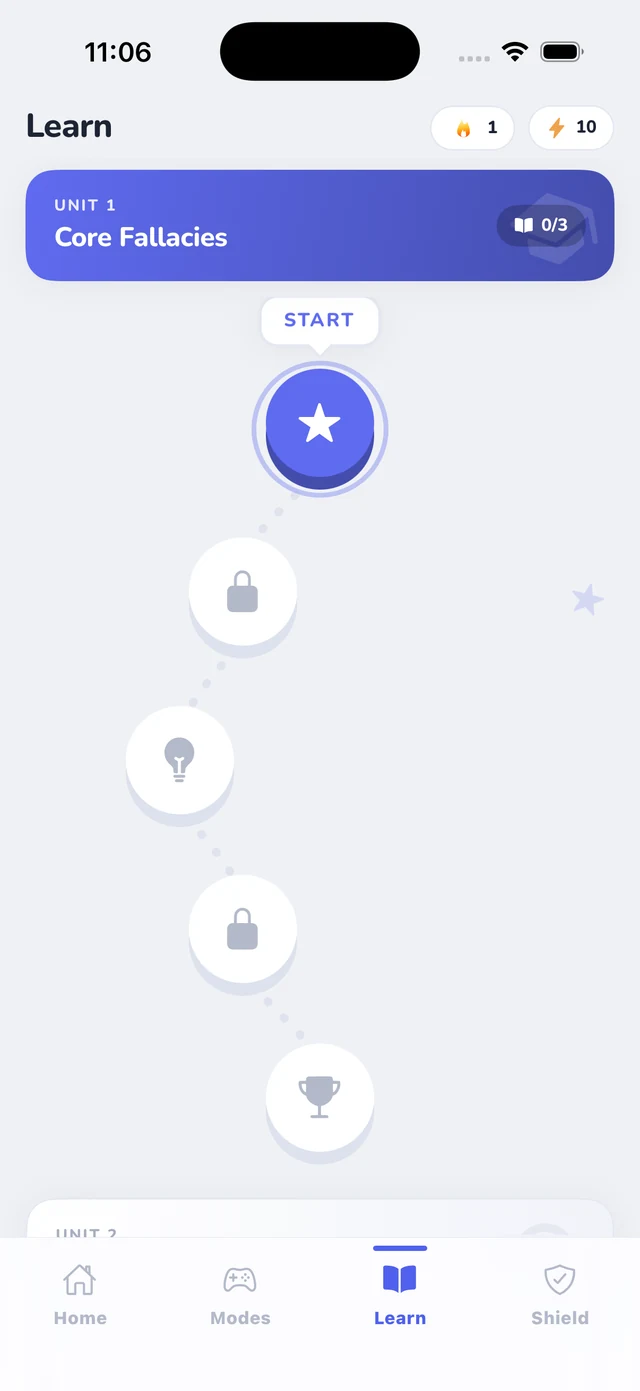 The Learn path, unlocking units aimed at the fallacies you keep missing