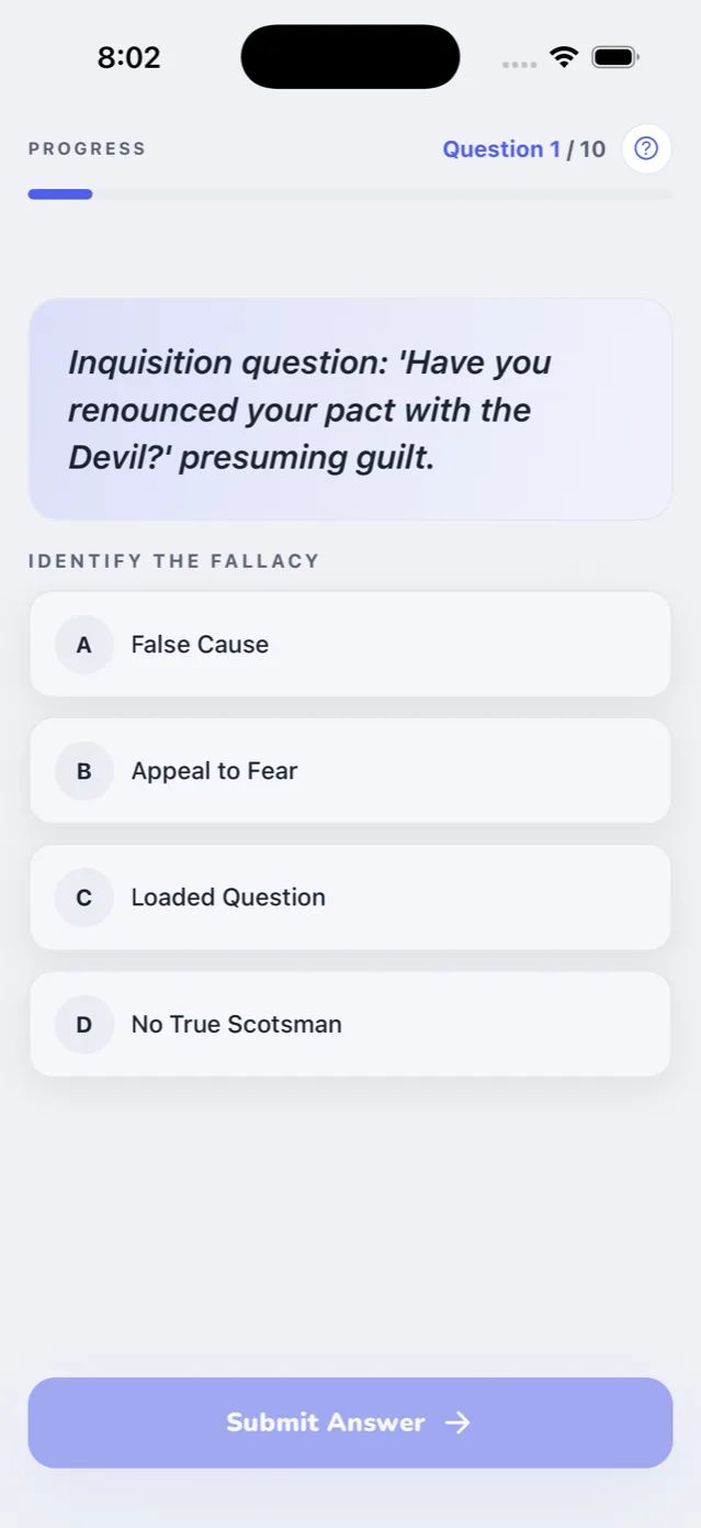 Classic Trivia mode in the Spot the Fallacy app