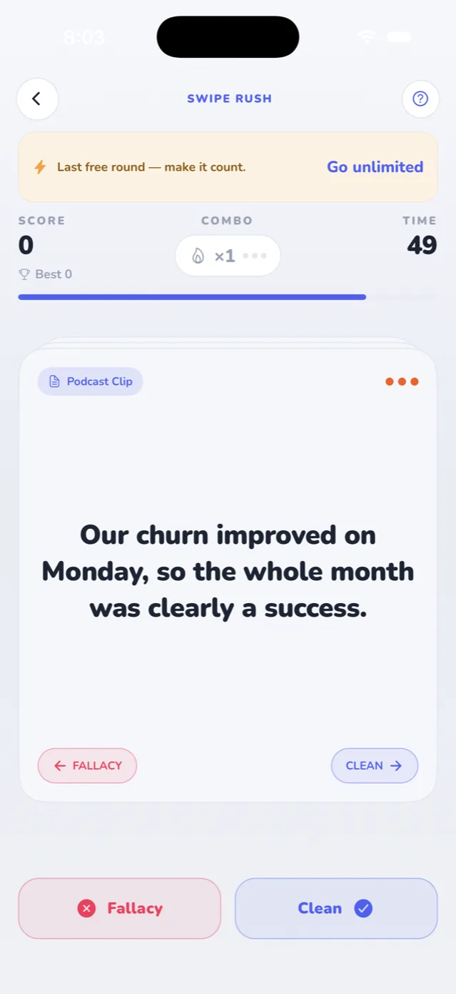 Swipe Rush mode in the Spot the Fallacy app