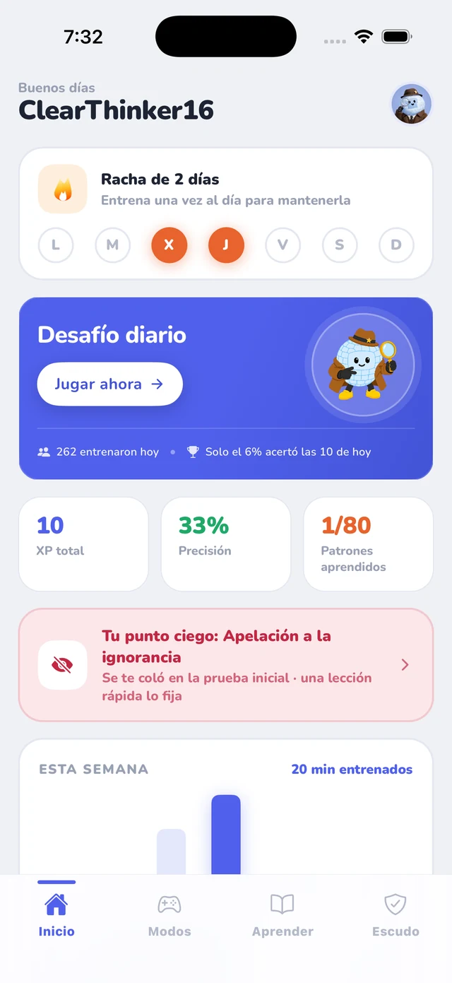 La pantalla de inicio de la aplicación Spot the Fallacy