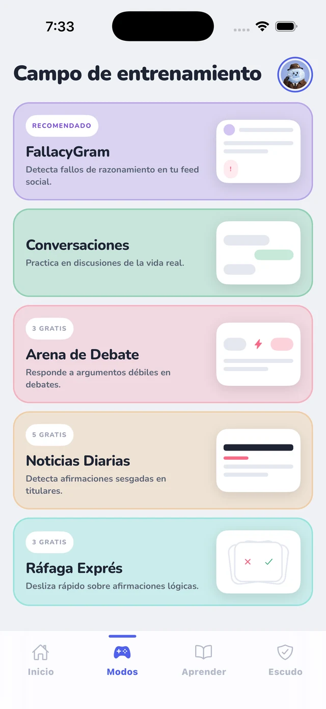 El Campo de Entrenamiento: FallacyGram, Conversaciones, Arena de Debate, Daily News y Swipe Rush