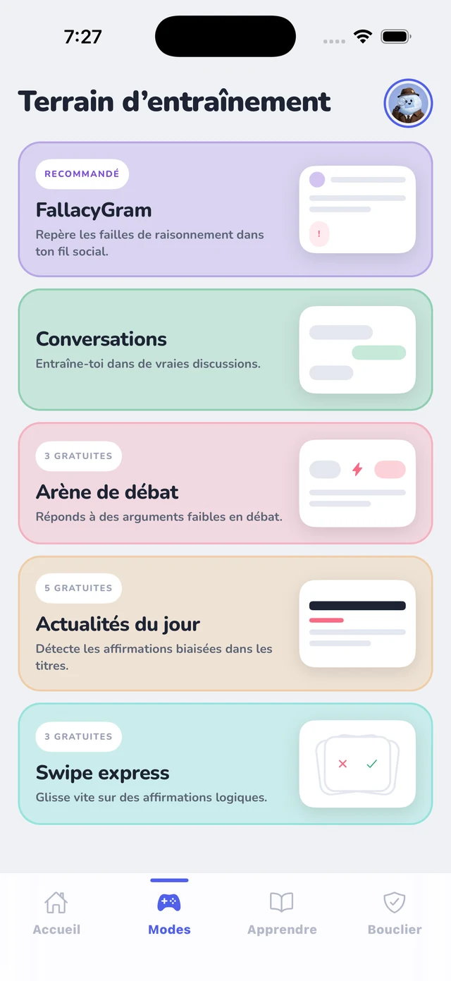 Le terrain d’entraînement : FallacyGram, Conversations, Arène de débat, Daily News et Swipe Rush