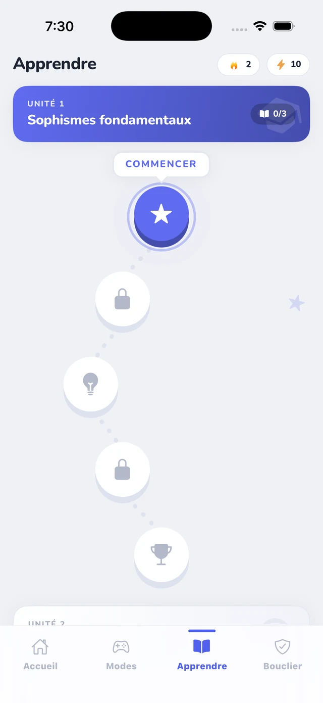 Le parcours d’apprentissage, qui débloque des unités ciblant les sophismes que vous ratez