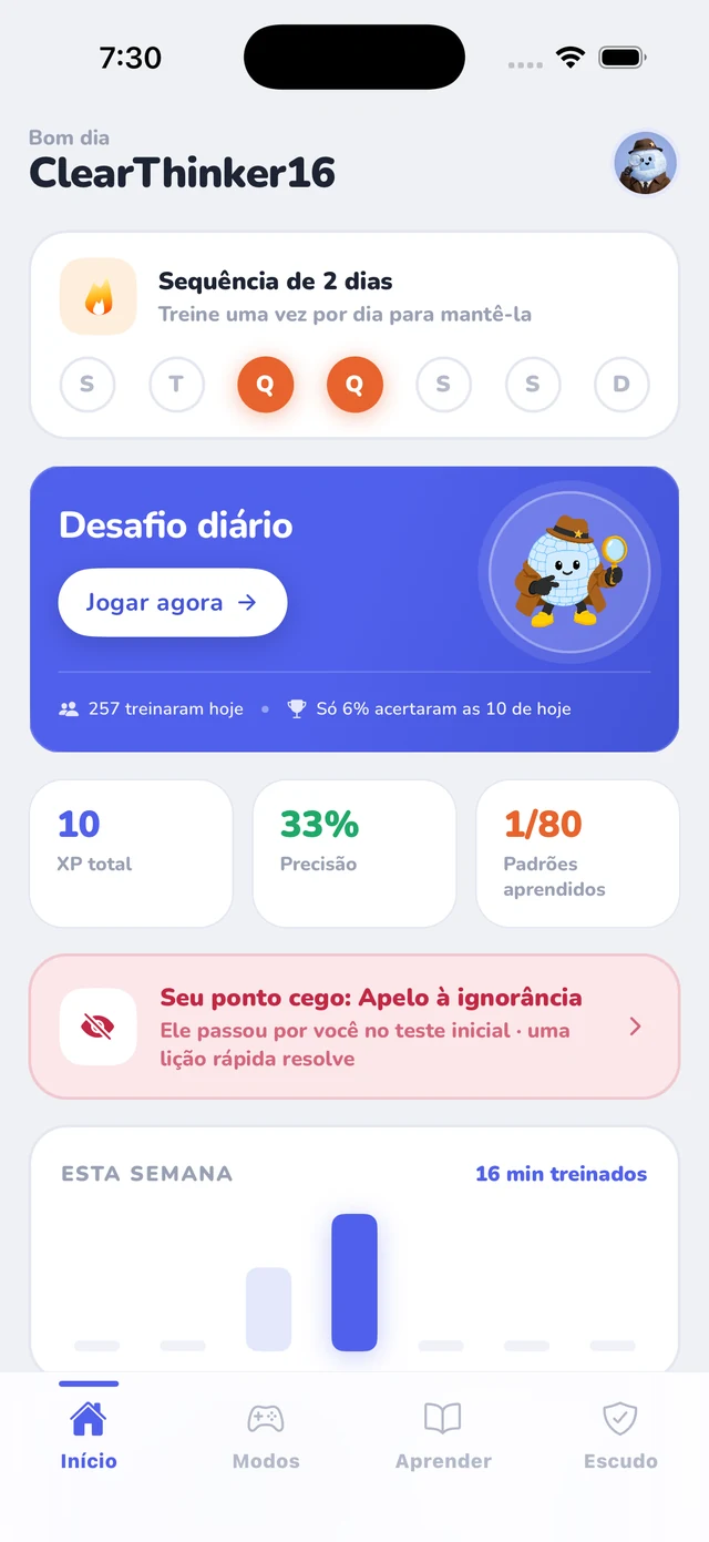 A tela inicial do aplicativo Spot the Fallacy
