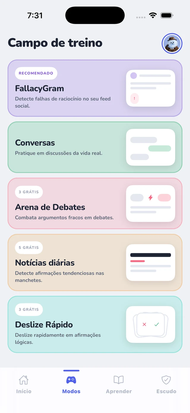 O Campo de Treino: FallacyGram, Conversas, Arena de Debate, Daily News e Swipe Rush