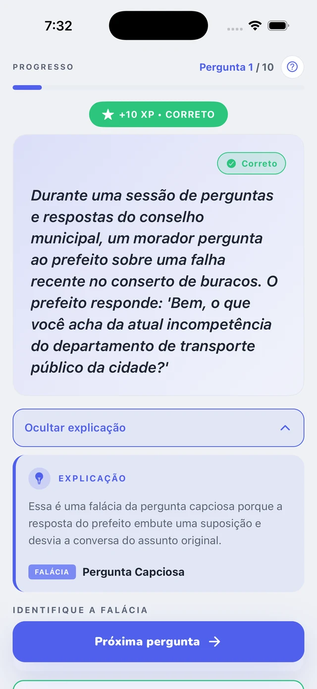 Uma questão respondida com a explicação aberta e a falácia identificada